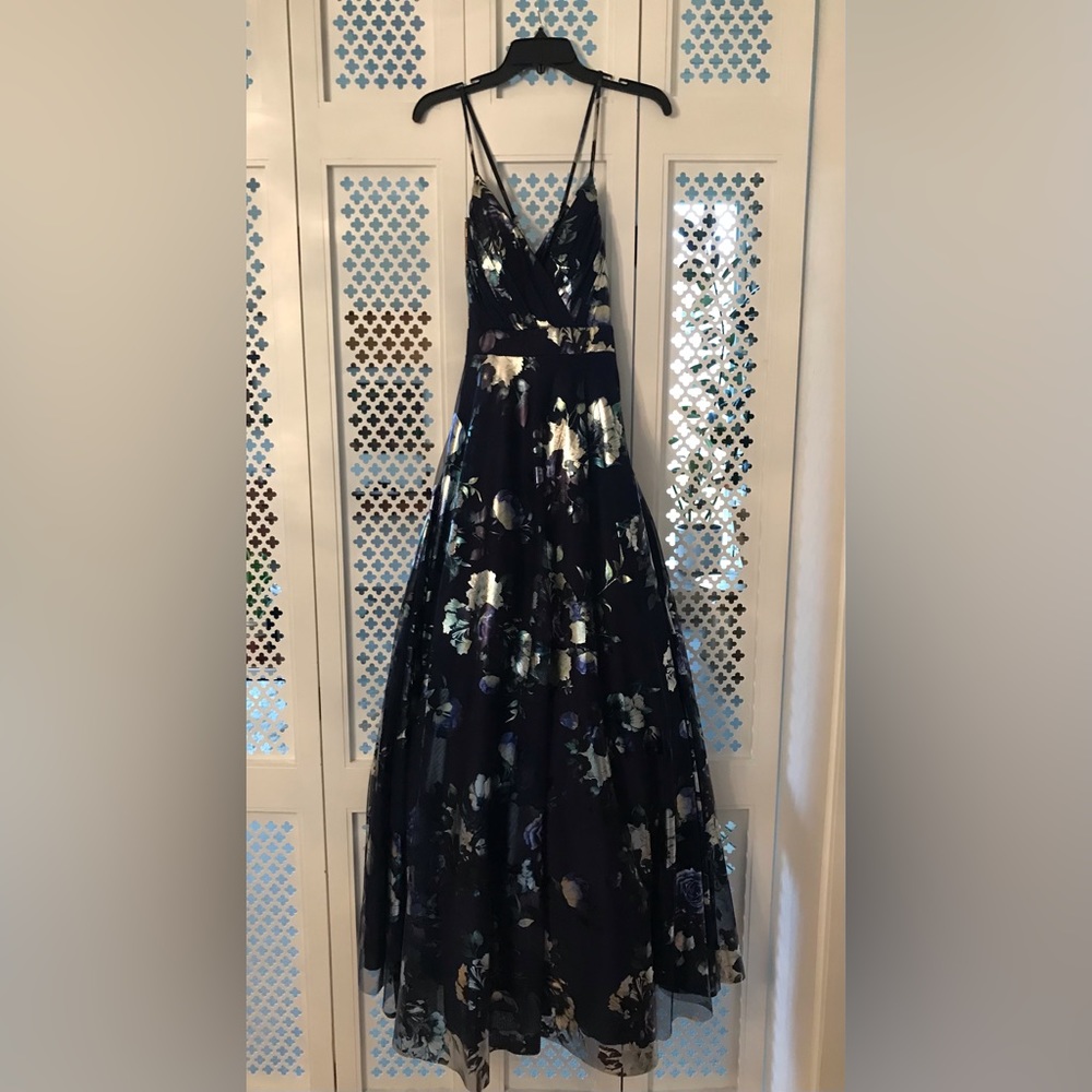 Navy blue metallic floral prom dress from City Studios